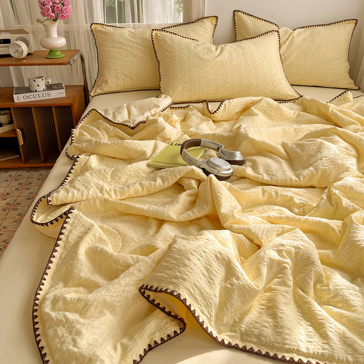 91家纺网 家纺一手货源 找家纺 优佳优品 2026新款泡泡纱三角针夏被四件套--纯色系列 奶油黄