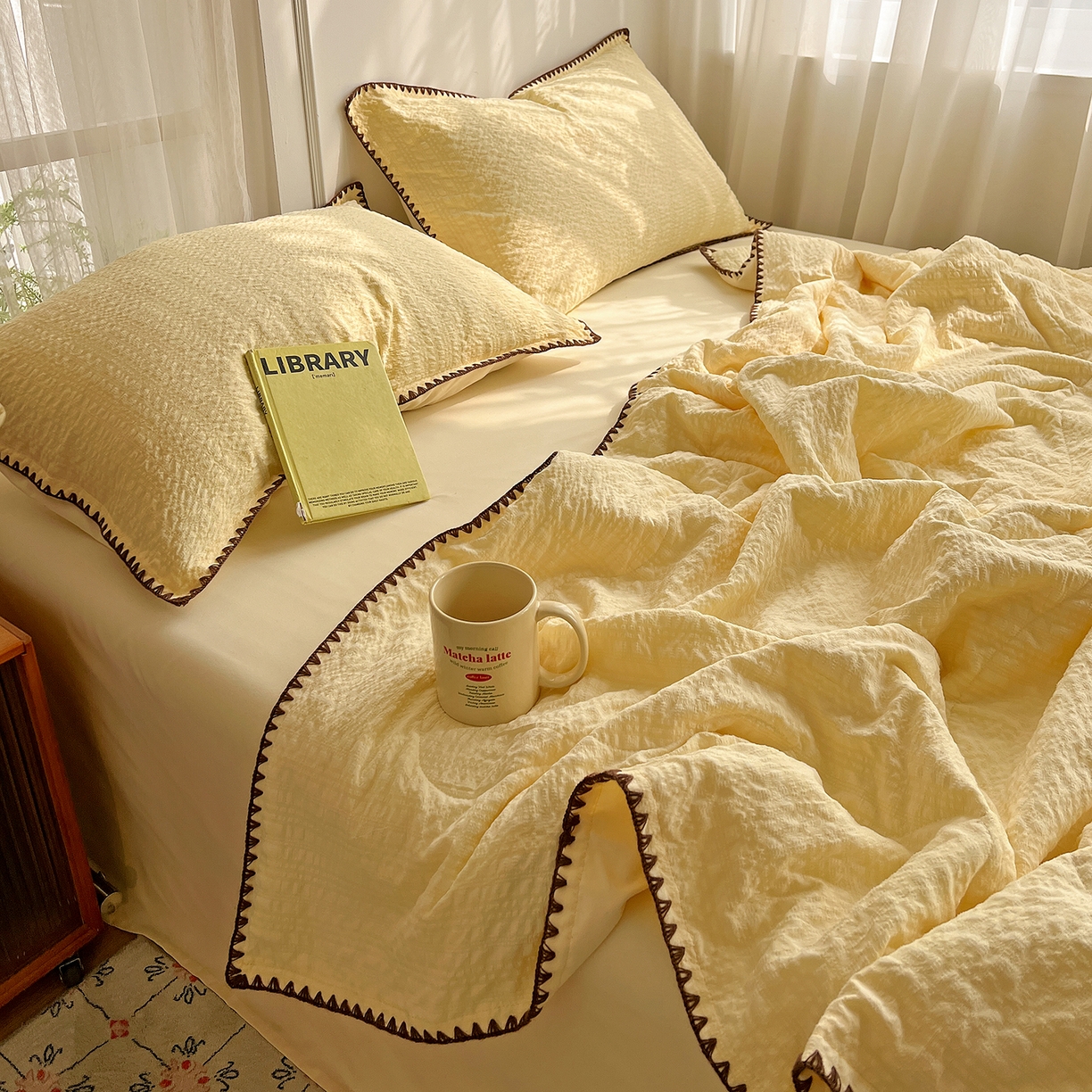 91家纺网 家纺一手货源 找家纺 优佳优品 2026新款泡泡纱三角针夏被四件套--纯色系列 奶油黄