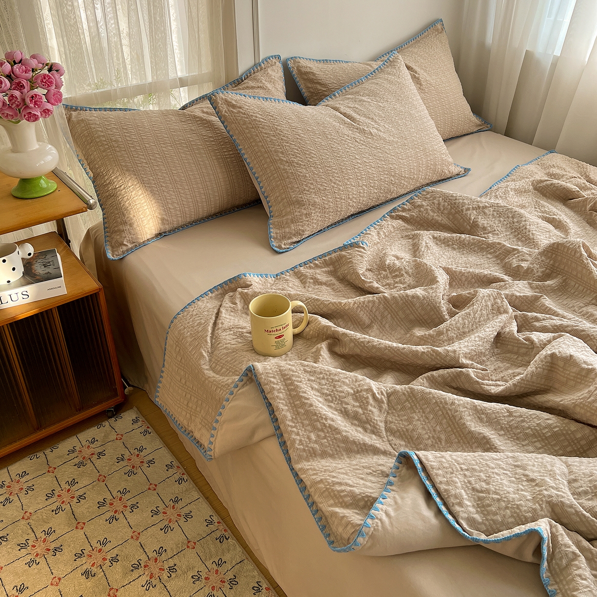 91家纺网 家纺一手货源 找家纺 优佳优品 2026新款泡泡纱三角针夏被四件套--纯色系列 燕麦咖