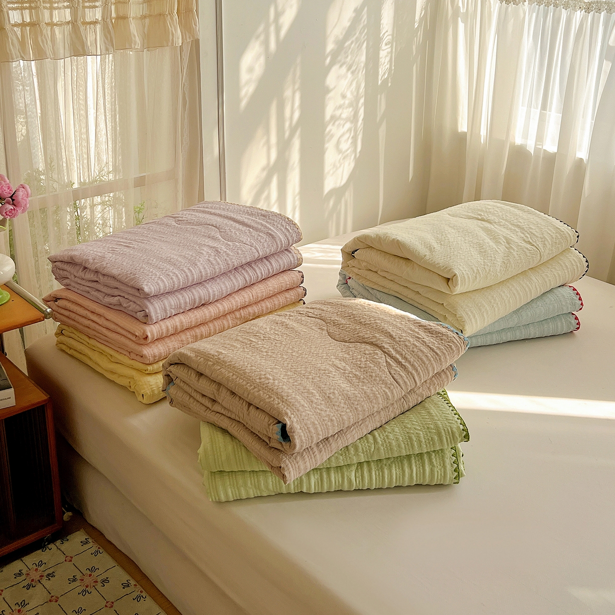 91家纺网 家纺一手货源 找家纺 优佳优品 2026新款泡泡纱三角针夏被四件套--纯色系列 组合图仅展示