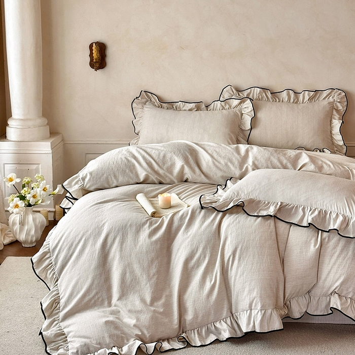 91家纺网 家纺一手货源 找家纺 （总）苏源家居 2026新款法式黑包边亚麻公主风荷叶边四件套-清欢