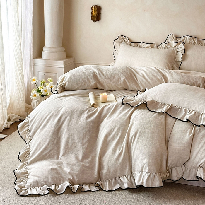 91家纺网 家纺一手货源 找家纺 （总）苏源家居 2026新款法式黑包边亚麻公主风荷叶边四件套-清欢