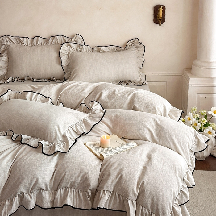 91家纺网 家纺一手货源 找家纺 （总）苏源家居 2026新款法式黑包边亚麻公主风荷叶边四件套-清欢