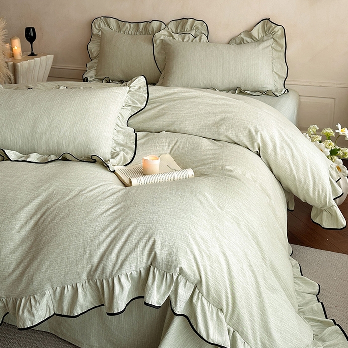 91家纺网 家纺一手货源 找家纺 （总）苏源家居 2026新款法式黑包边亚麻公主风荷叶边四件套-清欢