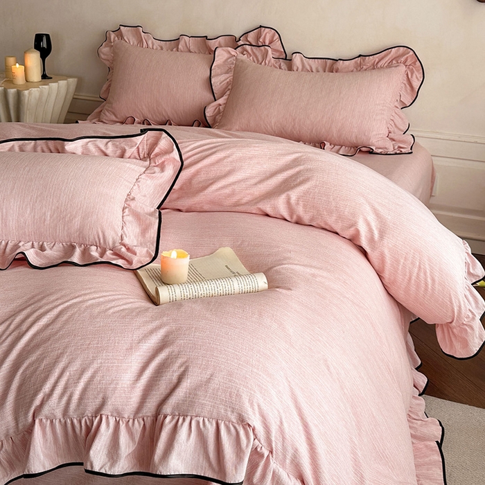 91家纺网 家纺一手货源 找家纺 （总）苏源家居 2026新款法式黑包边亚麻公主风荷叶边四件套-清欢