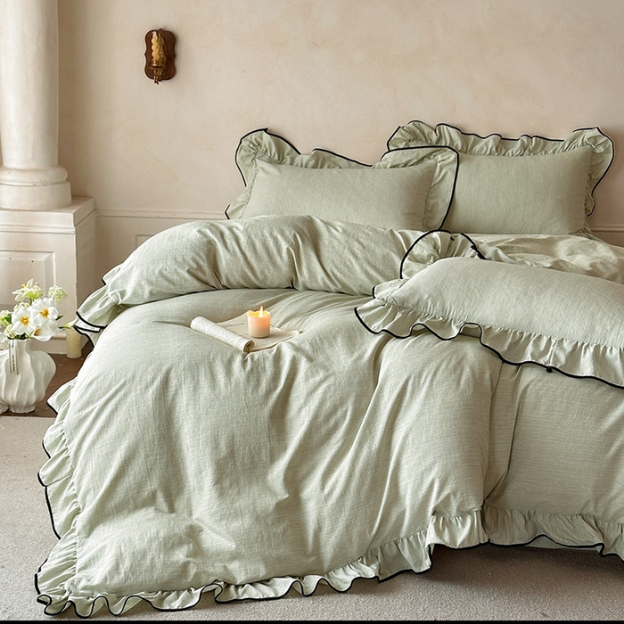 91家纺网 家纺一手货源 找家纺 苏源家居 2026新款法式黑包边亚麻公主风荷叶边四件套-清欢 清欢-麻雅绿