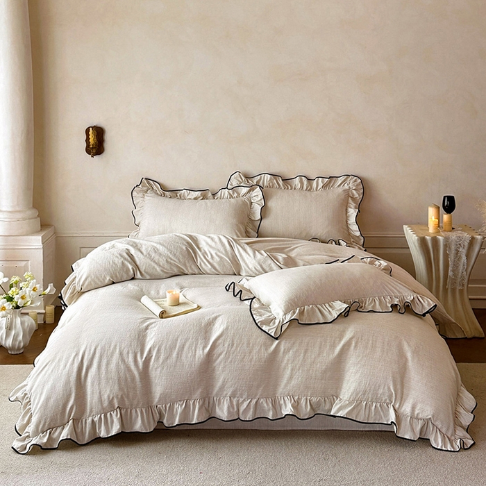 91家纺网 家纺一手货源 找家纺 苏源家居 2026新款法式黑包边亚麻公主风荷叶边四件套-清欢 清欢-麻奶咖