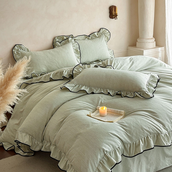 91家纺网 家纺一手货源 找家纺 苏源家居 2026新款法式黑包边亚麻公主风荷叶边四件套-清欢 清欢-麻雅绿