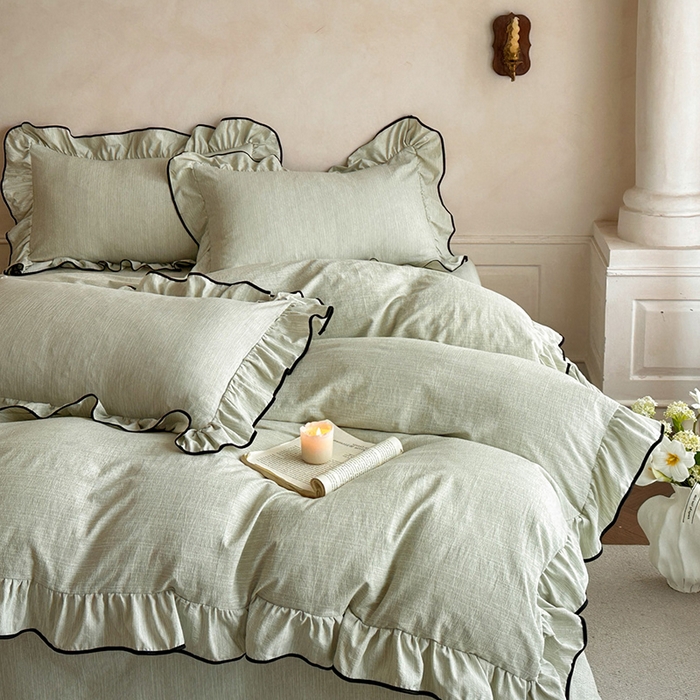 91家纺网 家纺一手货源 找家纺 苏源家居 2026新款法式黑包边亚麻公主风荷叶边四件套-清欢 清欢-麻雅绿