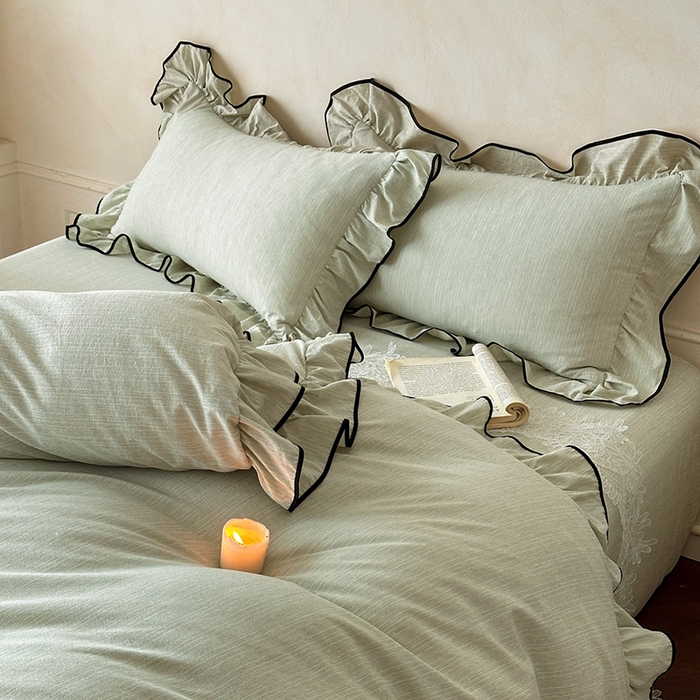 91家纺网 家纺一手货源 找家纺 苏源家居 2026新款法式黑包边亚麻公主风荷叶边四件套-清欢 清欢-麻雅绿