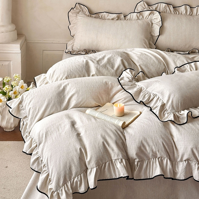 91家纺网 家纺一手货源 找家纺 苏源家居 2026新款法式黑包边亚麻公主风荷叶边四件套-清欢 清欢-麻奶咖