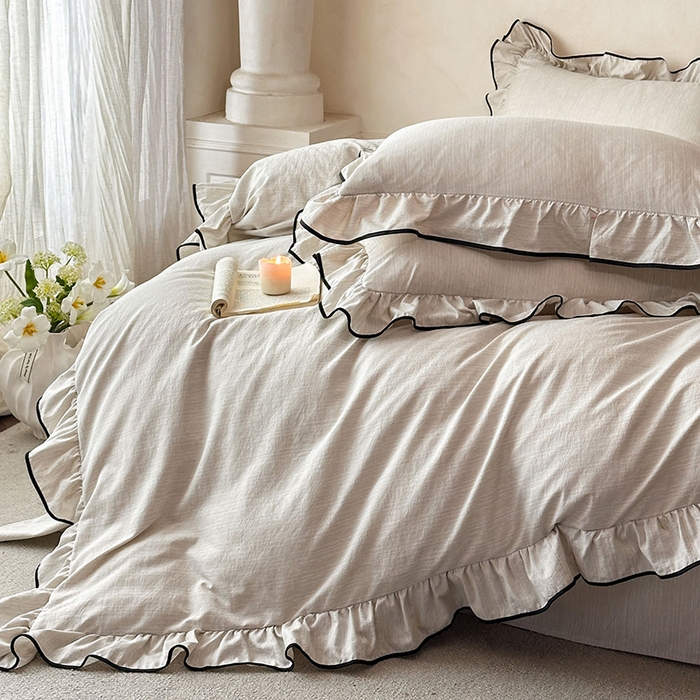 91家纺网 家纺一手货源 找家纺 苏源家居 2026新款法式黑包边亚麻公主风荷叶边四件套-清欢 清欢-麻奶咖