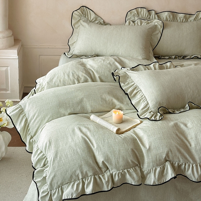 91家纺网 家纺一手货源 找家纺 苏源家居 2026新款法式黑包边亚麻公主风荷叶边四件套-清欢 清欢-麻雅绿