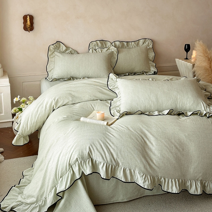 91家纺网 家纺一手货源 找家纺 苏源家居 2026新款法式黑包边亚麻公主风荷叶边四件套-清欢 清欢-麻雅绿