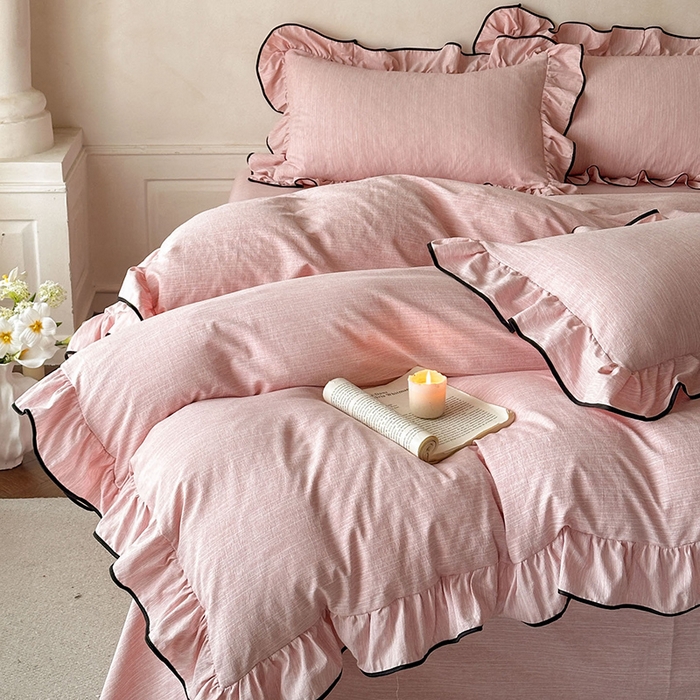 91家纺网 家纺一手货源 找家纺 苏源家居 2026新款法式黑包边亚麻公主风荷叶边四件套-清欢 清欢-麻甜粉