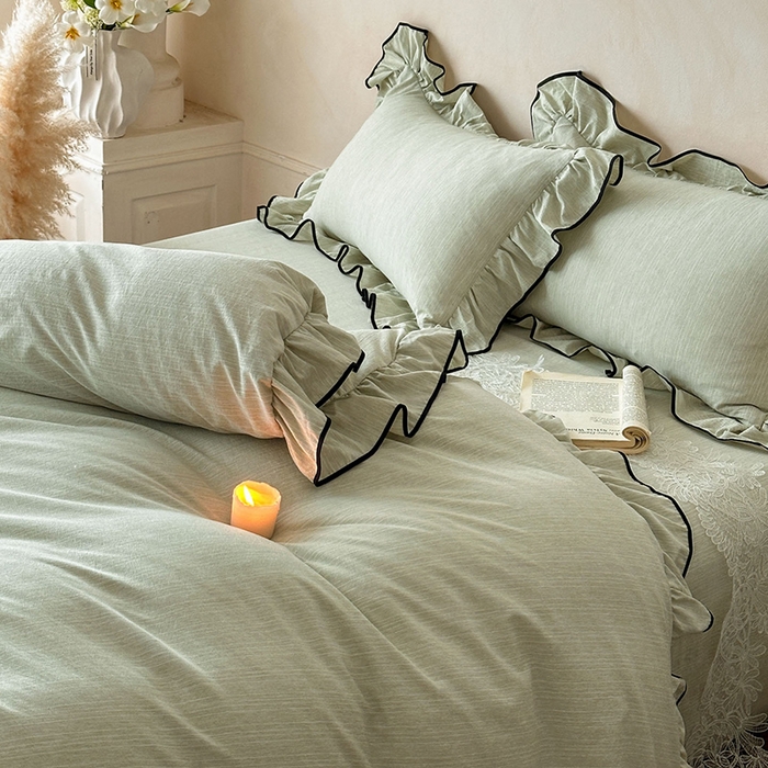 91家纺网 家纺一手货源 找家纺 苏源家居 2026新款法式黑包边亚麻公主风荷叶边四件套-清欢 清欢-麻雅绿