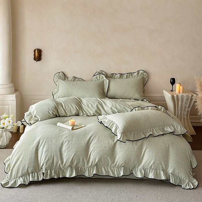 91家纺网 家纺一手货源 找家纺 苏源家居 2026新款法式黑包边亚麻公主风荷叶边四件套-清欢 清欢-麻雅绿