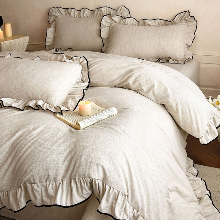 苏源家居 2026新款法式黑包边亚麻公主风荷叶边四件套-清欢 清欢-麻奶咖