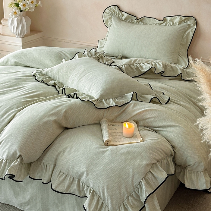 91家纺网 家纺一手货源 找家纺 苏源家居 2026新款法式黑包边亚麻公主风荷叶边四件套-清欢 清欢-麻雅绿