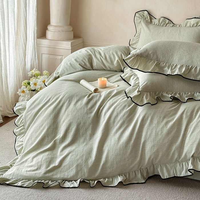 91家纺网 家纺一手货源 找家纺 苏源家居 2026新款法式黑包边亚麻公主风荷叶边四件套-清欢 清欢-麻雅绿