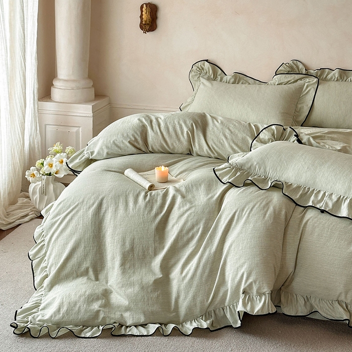 91家纺网 家纺一手货源 找家纺 苏源家居 2026新款法式黑包边亚麻公主风荷叶边四件套-清欢 清欢-麻雅绿