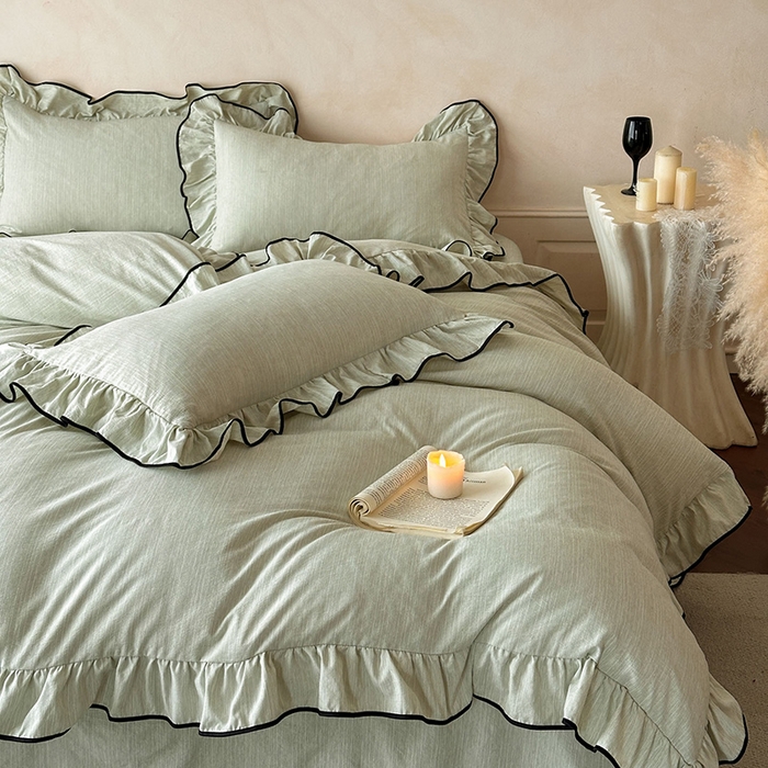 91家纺网 家纺一手货源 找家纺 苏源家居 2026新款法式黑包边亚麻公主风荷叶边四件套-清欢 清欢-麻雅绿