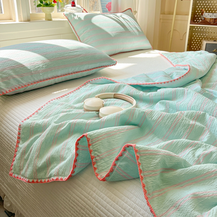 91家纺网 家纺一手货源 找家纺 鑫利来家纺 2026新款日系多巴胺皱皱纱贝壳绣夏被夏凉被空调被 春染-薄荷