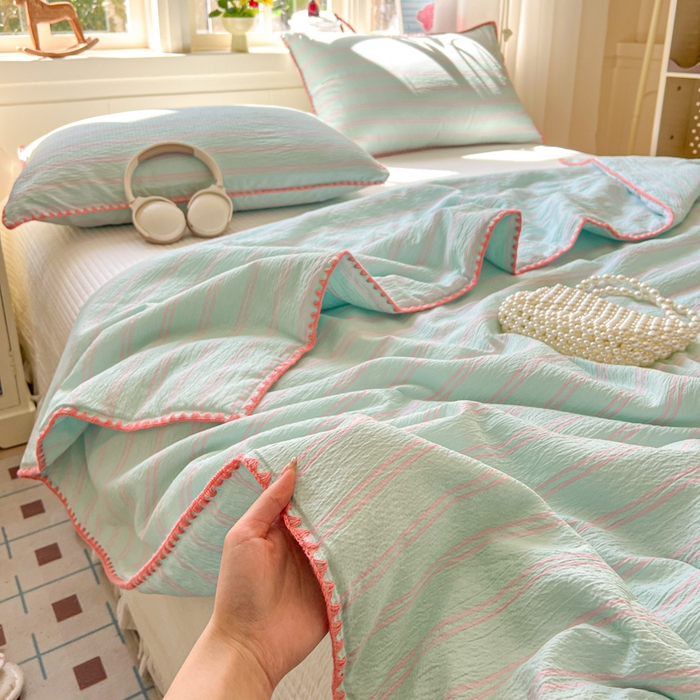 91家纺网 家纺一手货源 找家纺 鑫利来家纺 2026新款日系多巴胺皱皱纱贝壳绣夏被夏凉被空调被 春染-薄荷