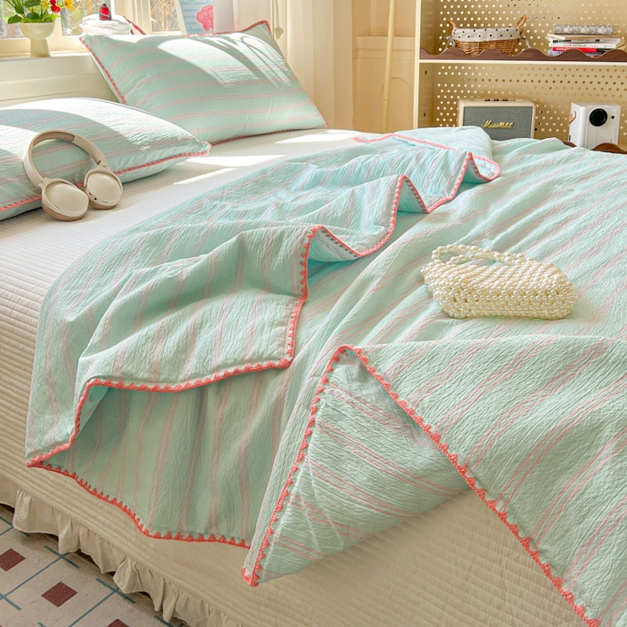 91家纺网 家纺一手货源 找家纺 鑫利来家纺 2026新款日系多巴胺皱皱纱贝壳绣夏被夏凉被空调被 春染-薄荷