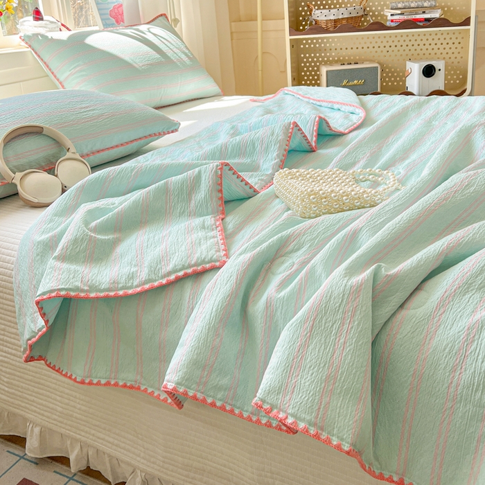 91家纺网 家纺一手货源 找家纺 鑫利来家纺 2026新款日系多巴胺皱皱纱贝壳绣夏被夏凉被空调被 春染-薄荷