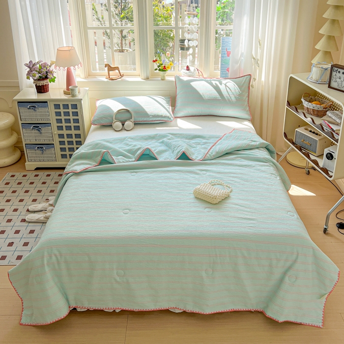 91家纺网 家纺一手货源 找家纺 鑫利来家纺 2026新款日系多巴胺皱皱纱贝壳绣夏被夏凉被空调被 春染-薄荷