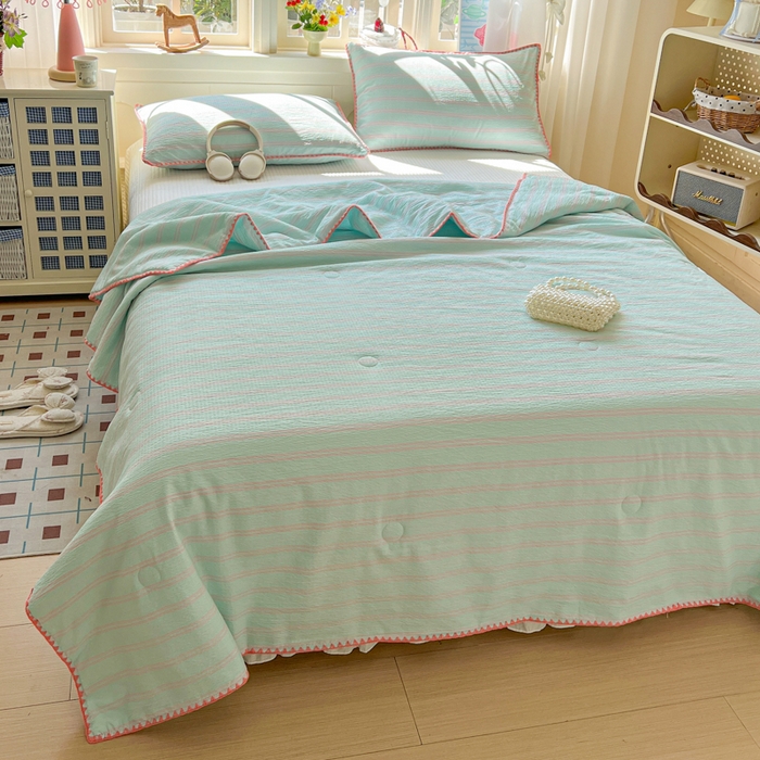 91家纺网 家纺一手货源 找家纺 鑫利来家纺 2026新款日系多巴胺皱皱纱贝壳绣夏被夏凉被空调被 春染-薄荷