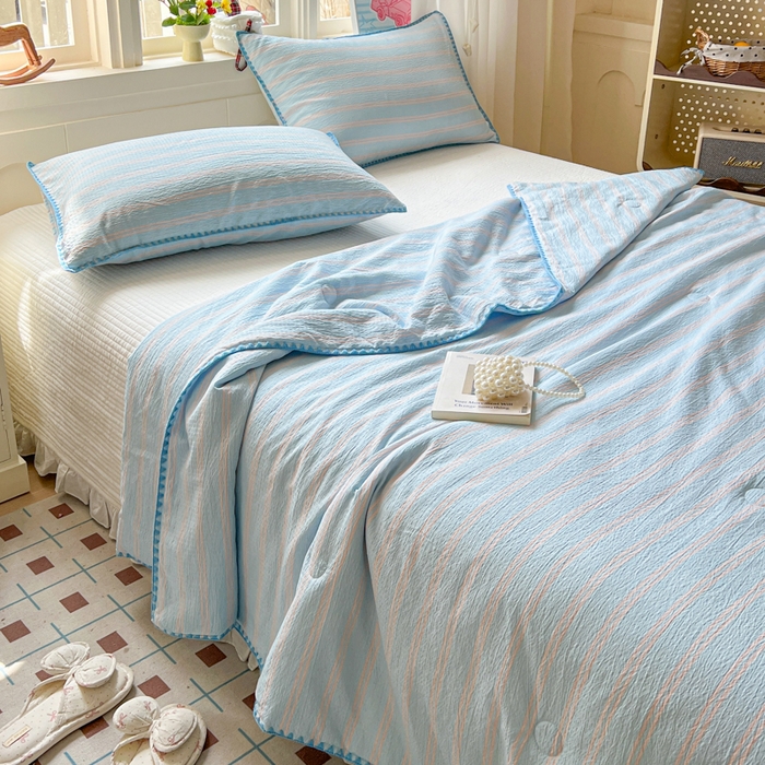 91家纺网 家纺一手货源 找家纺 鑫利来家纺 2026新款日系多巴胺皱皱纱贝壳绣夏被夏凉被空调被 春染-清蓝