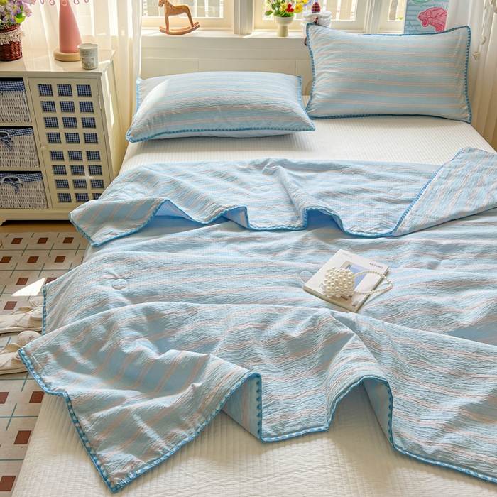 91家纺网 家纺一手货源 找家纺 鑫利来家纺 2026新款日系多巴胺皱皱纱贝壳绣夏被夏凉被空调被 春染-清蓝