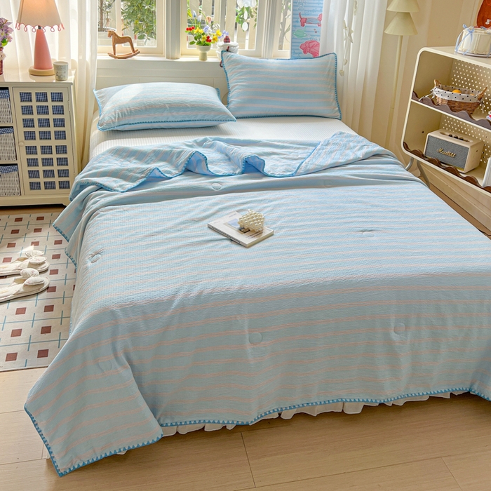 91家纺网 家纺一手货源 找家纺 鑫利来家纺 2026新款日系多巴胺皱皱纱贝壳绣夏被夏凉被空调被 春染-清蓝