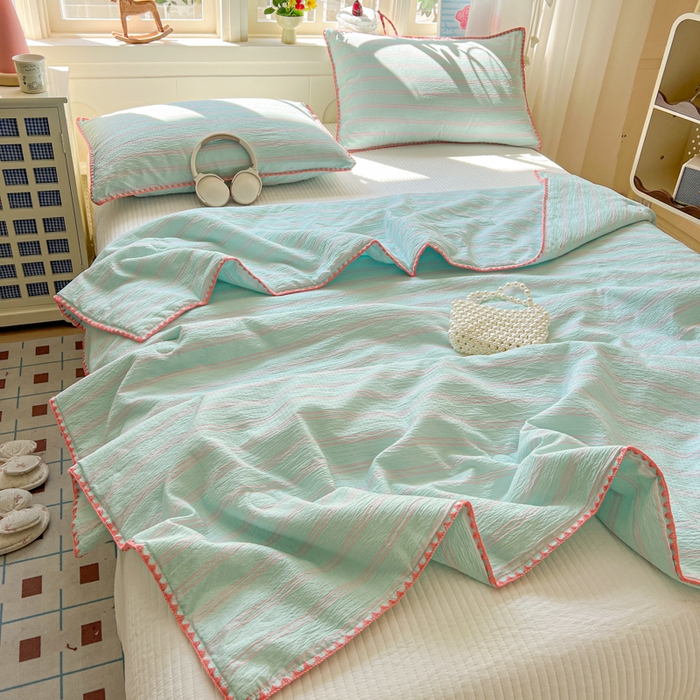 91家纺网 家纺一手货源 找家纺 鑫利来家纺 2026新款日系多巴胺皱皱纱贝壳绣夏被夏凉被空调被 春染-薄荷