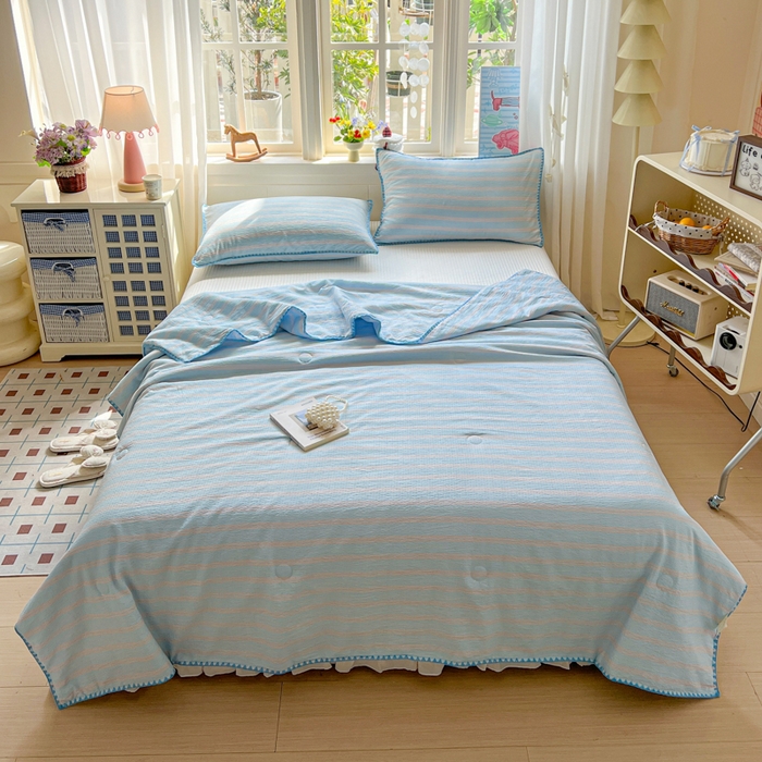 91家纺网 家纺一手货源 找家纺 鑫利来家纺 2026新款日系多巴胺皱皱纱贝壳绣夏被夏凉被空调被 春染-清蓝