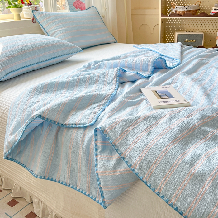 91家纺网 家纺一手货源 找家纺 鑫利来家纺 2026新款日系多巴胺皱皱纱贝壳绣夏被夏凉被空调被 春染-清蓝