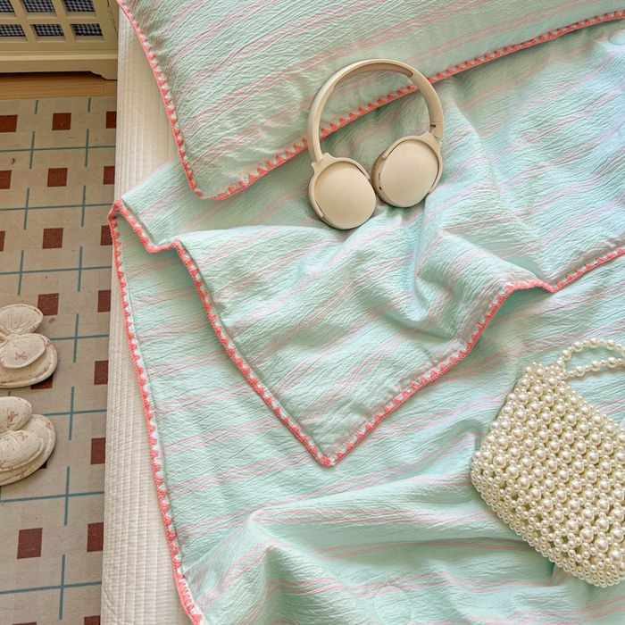 91家纺网 家纺一手货源 找家纺 鑫利来家纺 2026新款日系多巴胺皱皱纱贝壳绣夏被夏凉被空调被 春染-薄荷