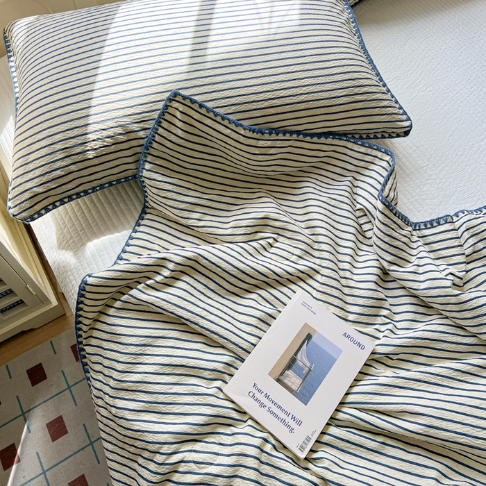 91家纺网 家纺一手货源 找家纺 鑫利来家纺 2026新款日系多巴胺皱皱纱贝壳绣夏被夏凉被空调被 海盐-蓝