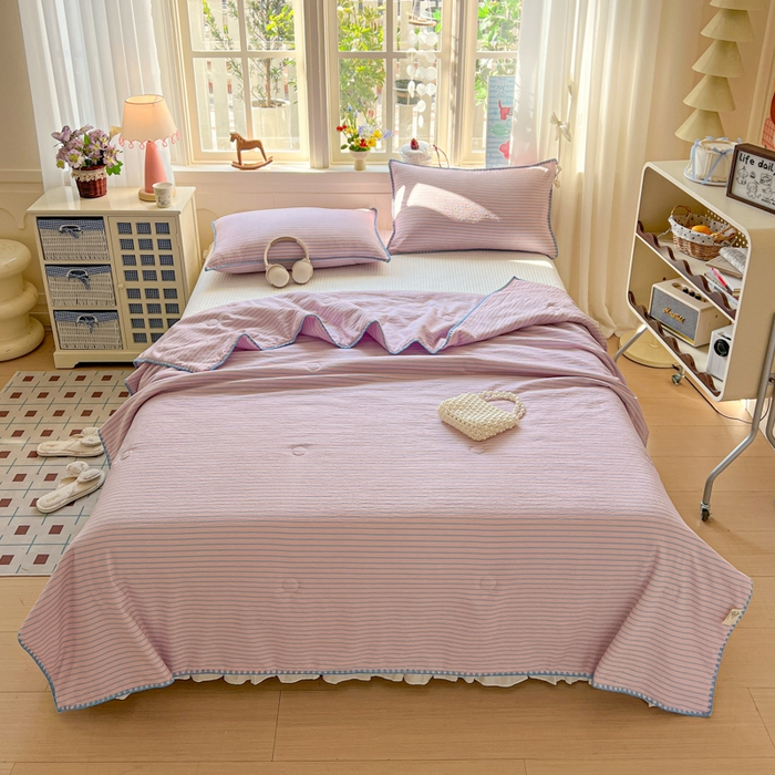 91家纺网 家纺一手货源 找家纺 鑫利来家纺 2026新款日系多巴胺皱皱纱贝壳绣夏被夏凉被空调被 海盐-紫