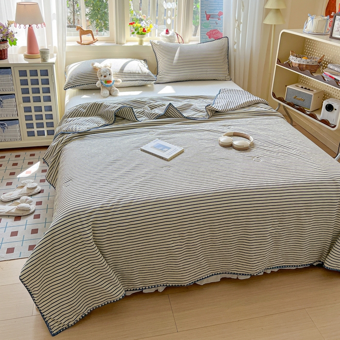 91家纺网 家纺一手货源 找家纺 鑫利来家纺 2026新款日系多巴胺皱皱纱贝壳绣夏被夏凉被空调被 海盐-蓝