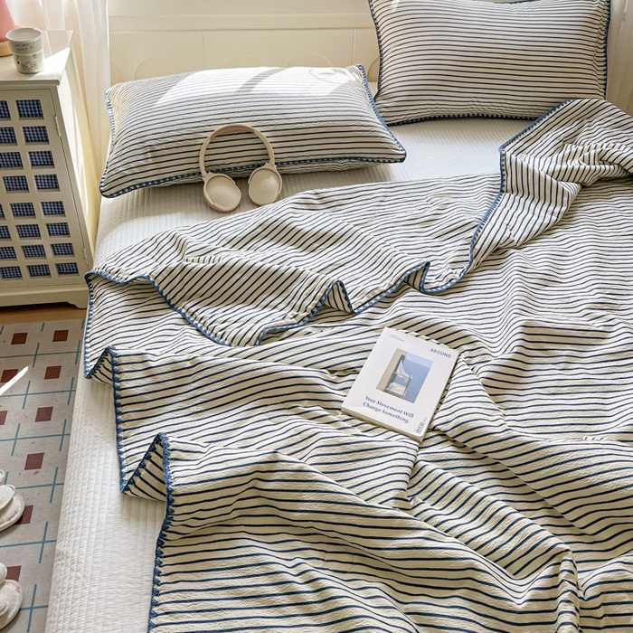 91家纺网 家纺一手货源 找家纺 鑫利来家纺 2026新款日系多巴胺皱皱纱贝壳绣夏被夏凉被空调被 海盐-蓝