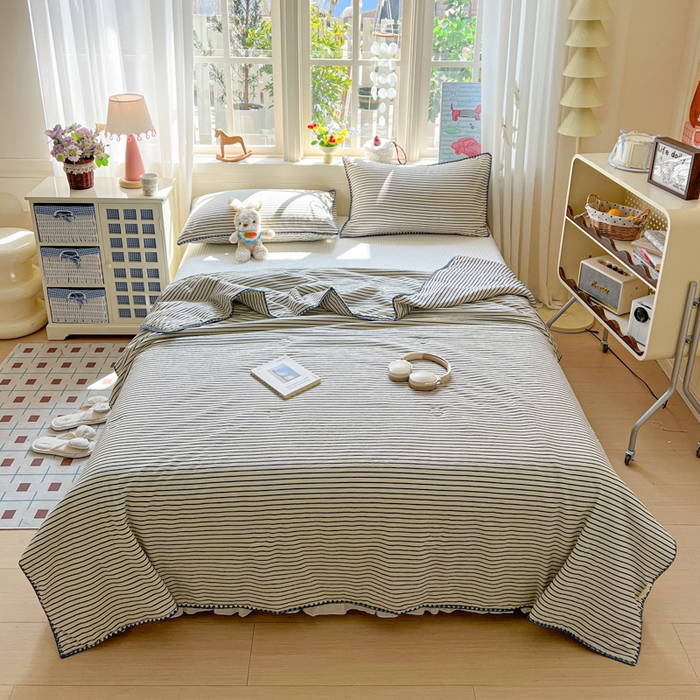 91家纺网 家纺一手货源 找家纺 鑫利来家纺 2026新款日系多巴胺皱皱纱贝壳绣夏被夏凉被空调被 海盐-蓝