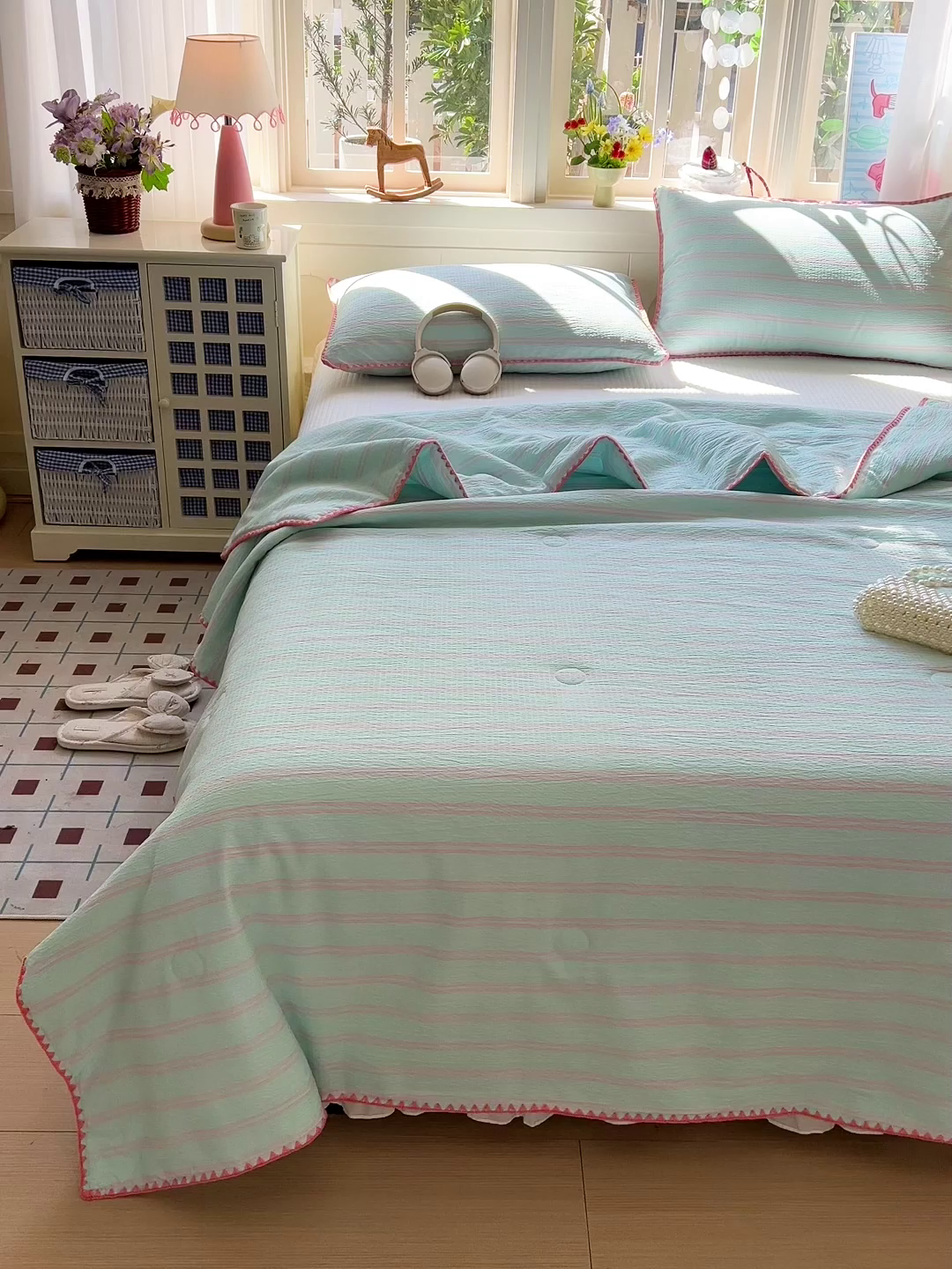 91家纺网 家纺一手货源 找家纺 鑫利来家纺 2026新款日系多巴胺皱皱纱贝壳绣夏被夏凉被空调被 春染-薄荷