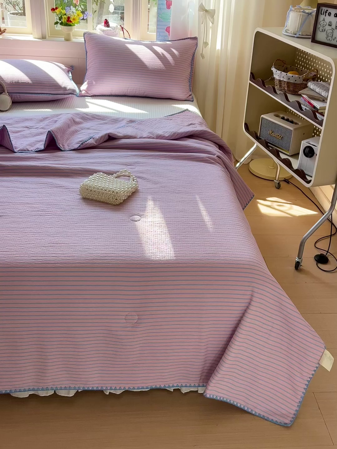 91家纺网 家纺一手货源 找家纺 鑫利来家纺 2026新款日系多巴胺皱皱纱贝壳绣夏被夏凉被空调被 海盐-紫