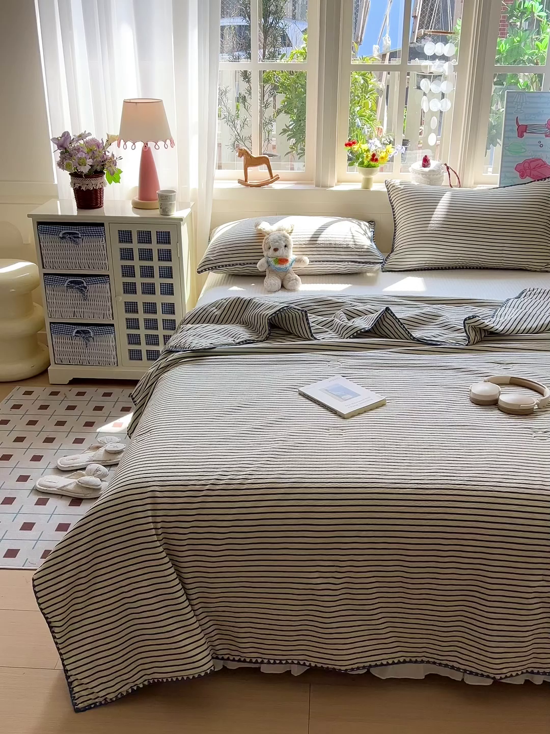 91家纺网 家纺一手货源 找家纺 鑫利来家纺 2026新款日系多巴胺皱皱纱贝壳绣夏被夏凉被空调被 海盐-蓝