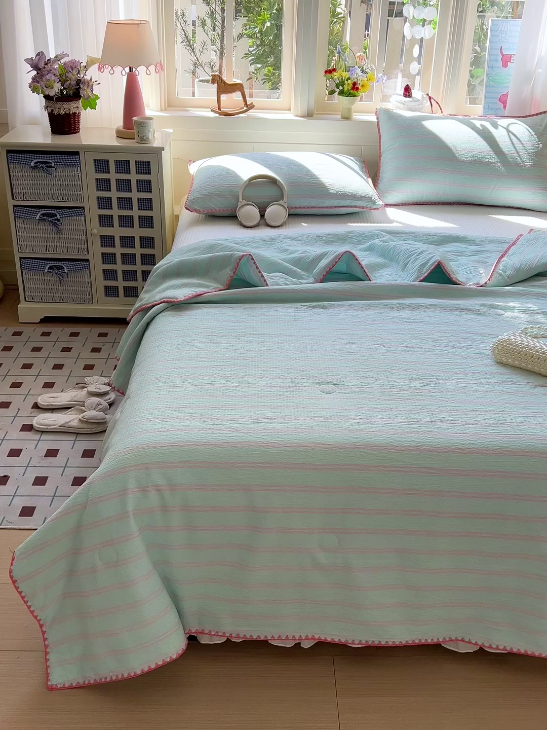 91家纺网 家纺一手货源 找家纺 鑫利来家纺 2026新款日系多巴胺皱皱纱贝壳绣夏被夏凉被空调被 春染-清蓝