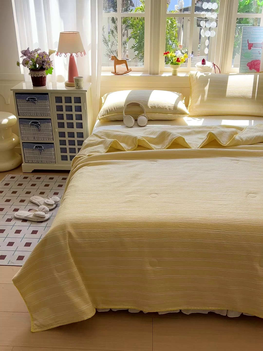 91家纺网 家纺一手货源 找家纺 鑫利来家纺 2026新款日系多巴胺皱皱纱贝壳绣夏被夏凉被空调被 春染-米黄