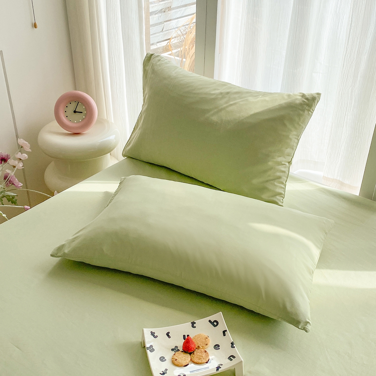 91家纺网 家纺一手货源 找家纺 蓝梦 2026新款全棉水洗棉布标四件套 抹茶绿 套版